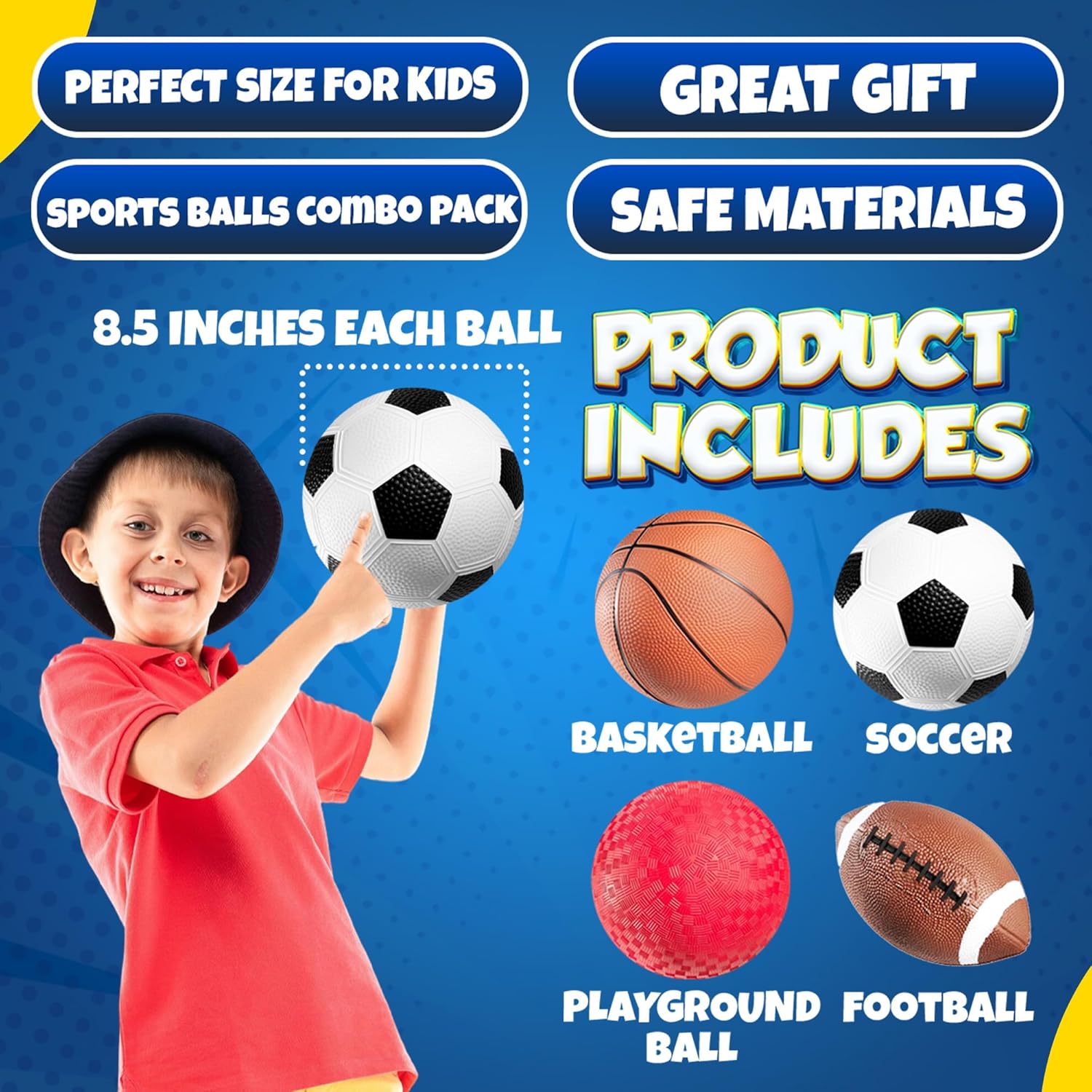 Sports Balls for Kids & Toddlers - (Pack of 4) 5-inch Sports Set Includes Football, Small Size Soccer, Basketball