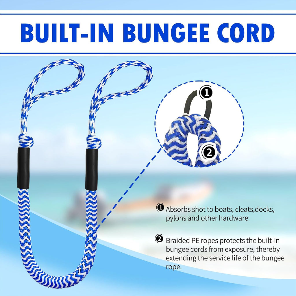 Bungee Dock Line with Loops – Lightweight Elastic Mooring Rope for Quick Docking (2, Blue & White, 4 FEET)