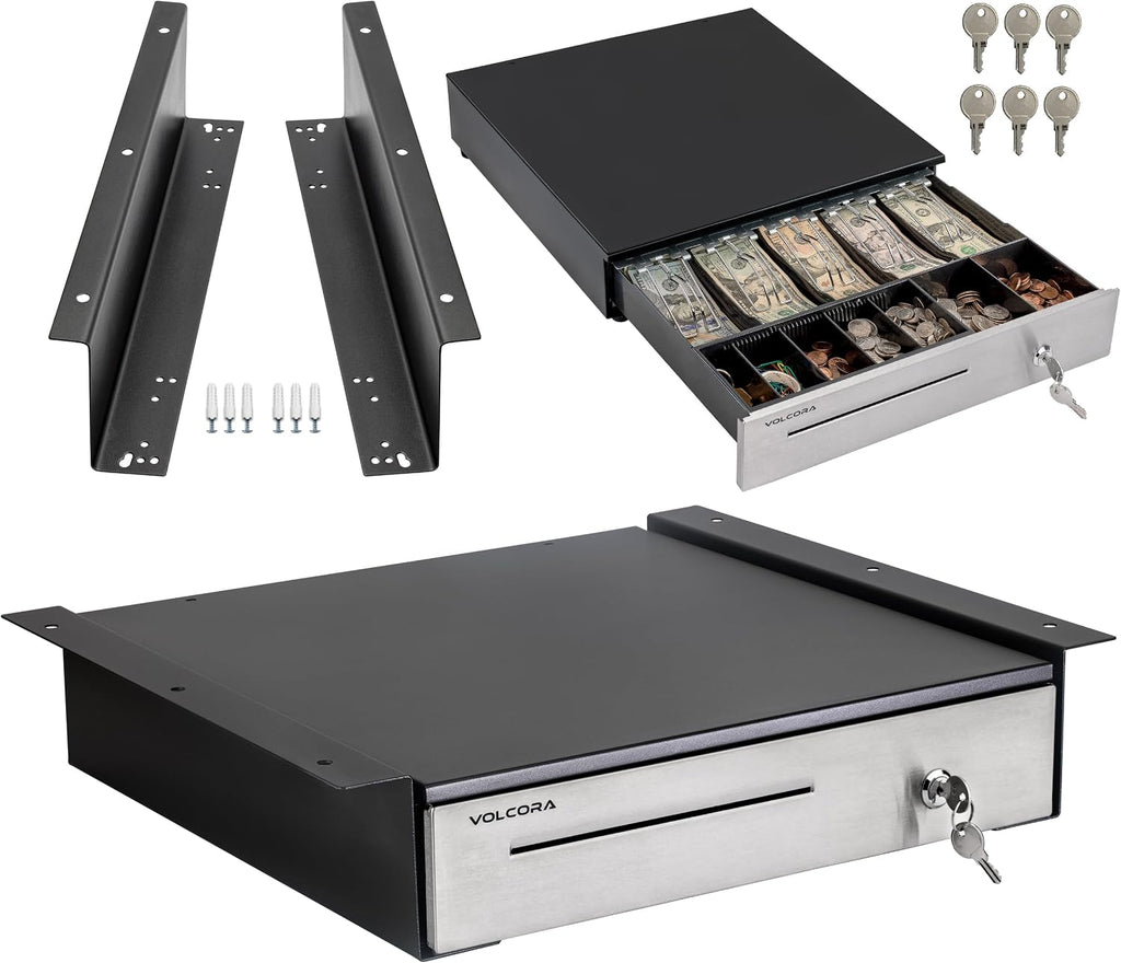 Cash Register Drawer with Under Counter Mounting Metal Bracket - 16 Black - Stainless Steel Front for POS, 5 Bill 6