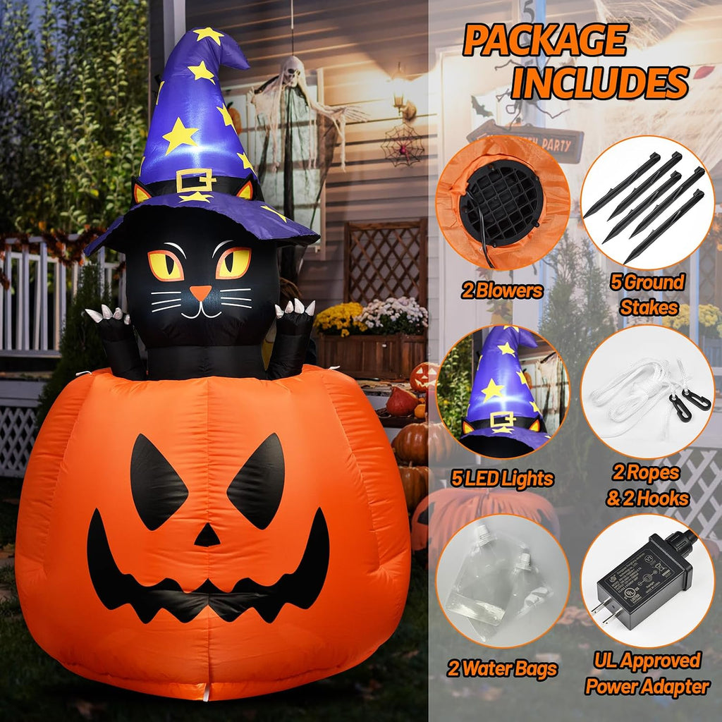 5.3 FT Halloween Inflatable Animated Witch Cat in Pumpkin, Blow Up Yard Decorations with Build-in LEDs Lighted Decor