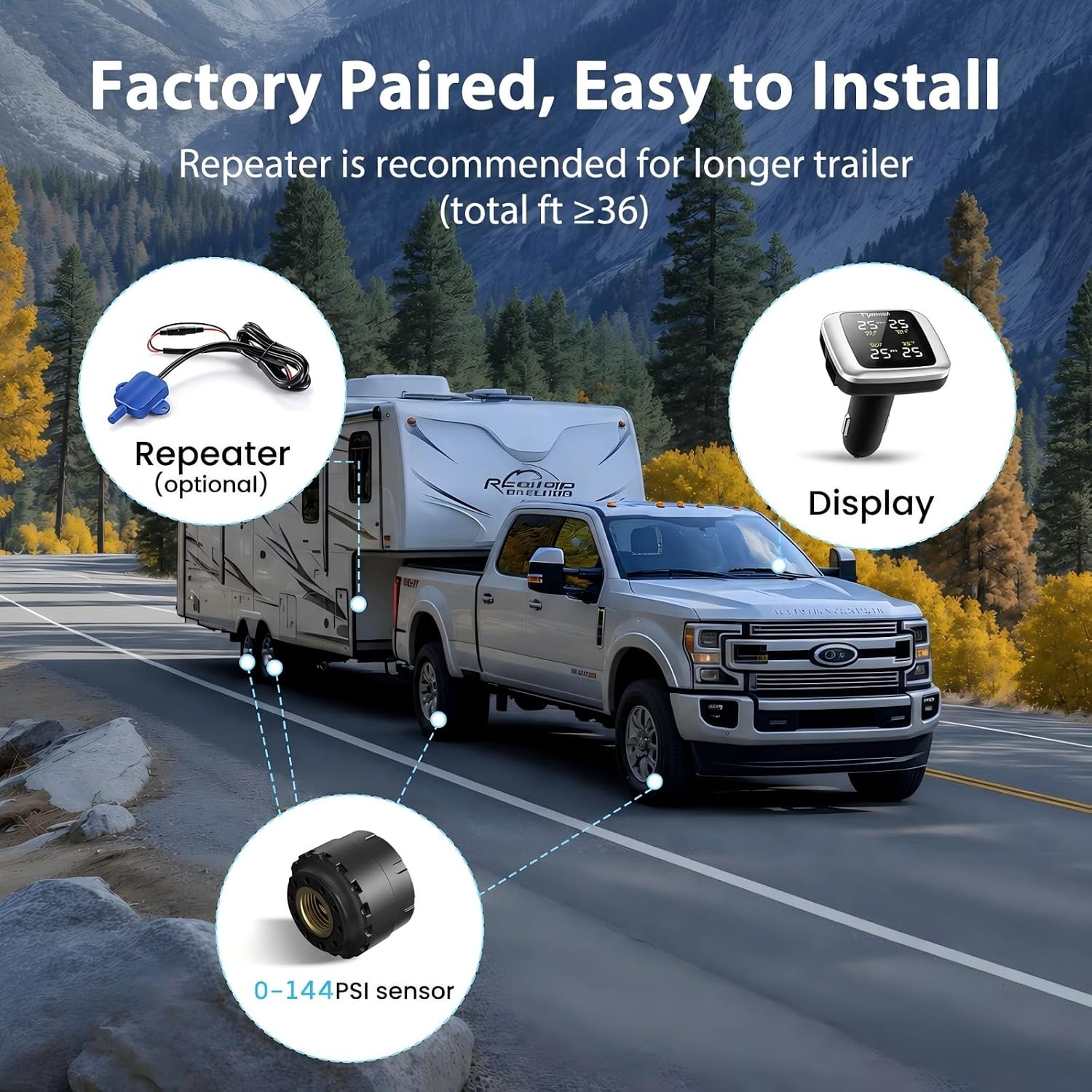 TM7 RV Tire Pressure Monitoring System, TPMS Set of 4 Sensors | Max. 5 Tires Info Monitoring, Wireless, 6 Alarm