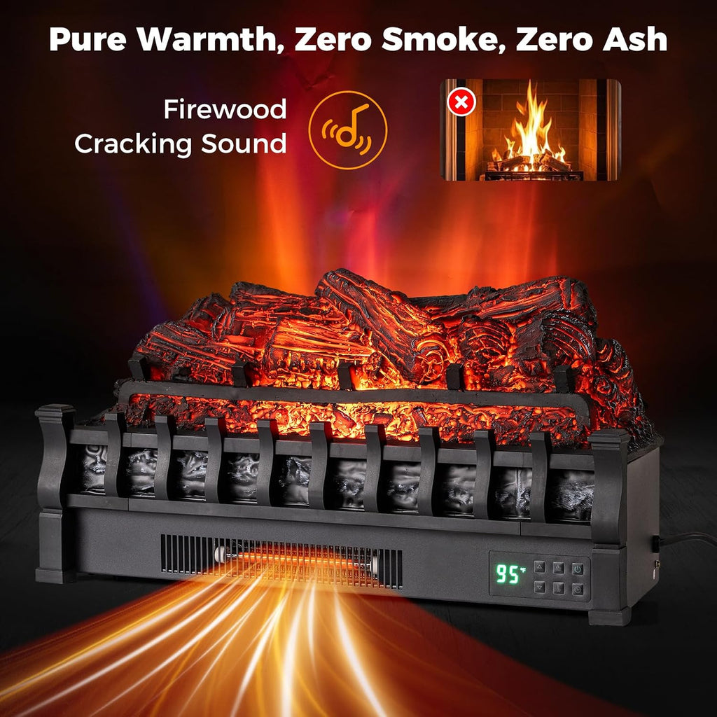 26” Fireplace Logs Heater - Realistic Pinewood, APP, Remote, Alexa, WiFi, Adjustable Flame Color & Brightness, 8H