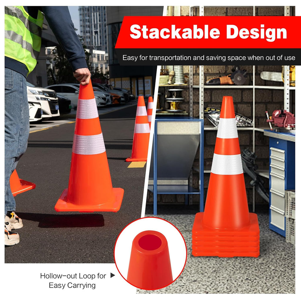 6 Pack PVC Traffic Cones, 28 Inch Traffic Road Parking Cones w/Reflective Collar & Weighted Base, Orange Robust