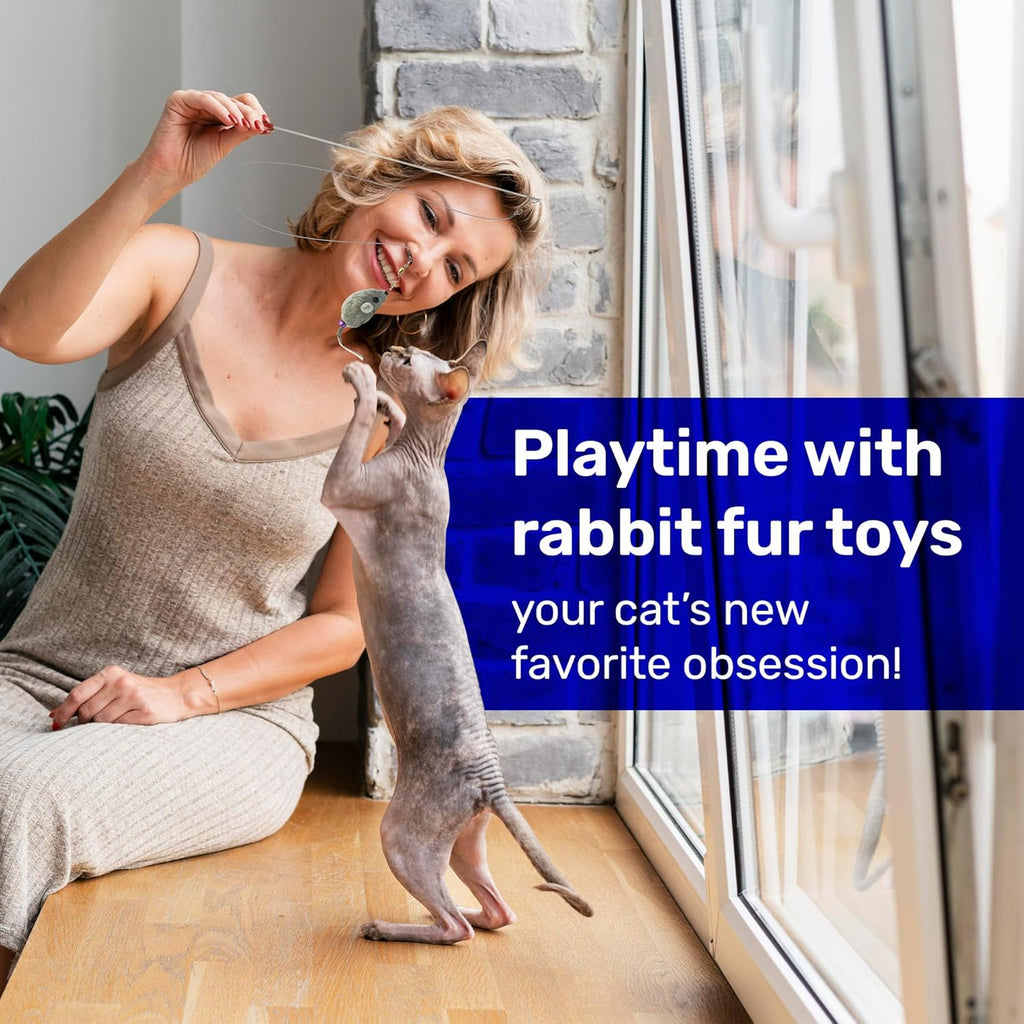 Kats’N US 2 Inch Real Rabbit Fur Handmade Mouse Cat Toy with 19 Inch White Wand - Gray Teaser with Bell, Durable