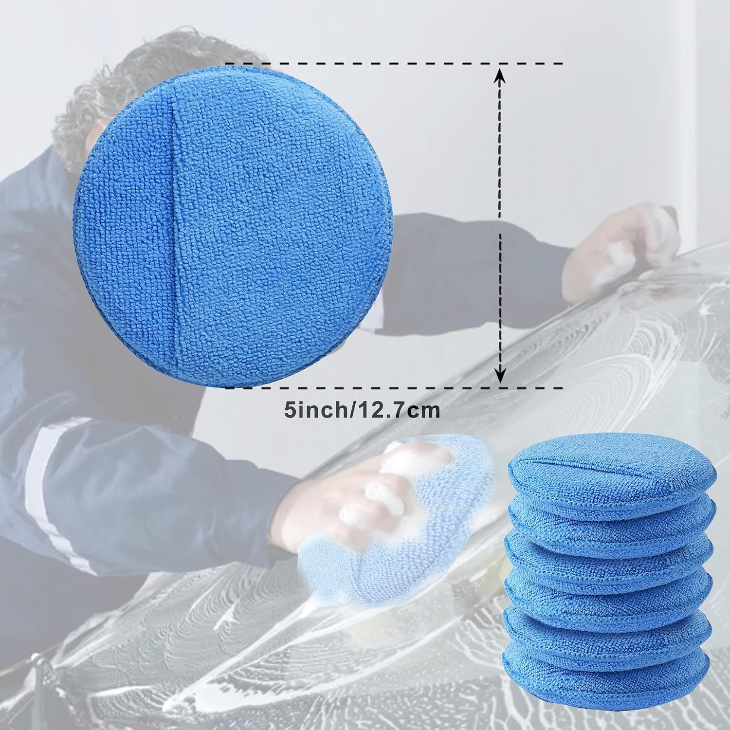 Microfiber Wax Applicator Pad, 5" 6 Pack Blue with Finger Pocket for Cars Trucks Motorcycles