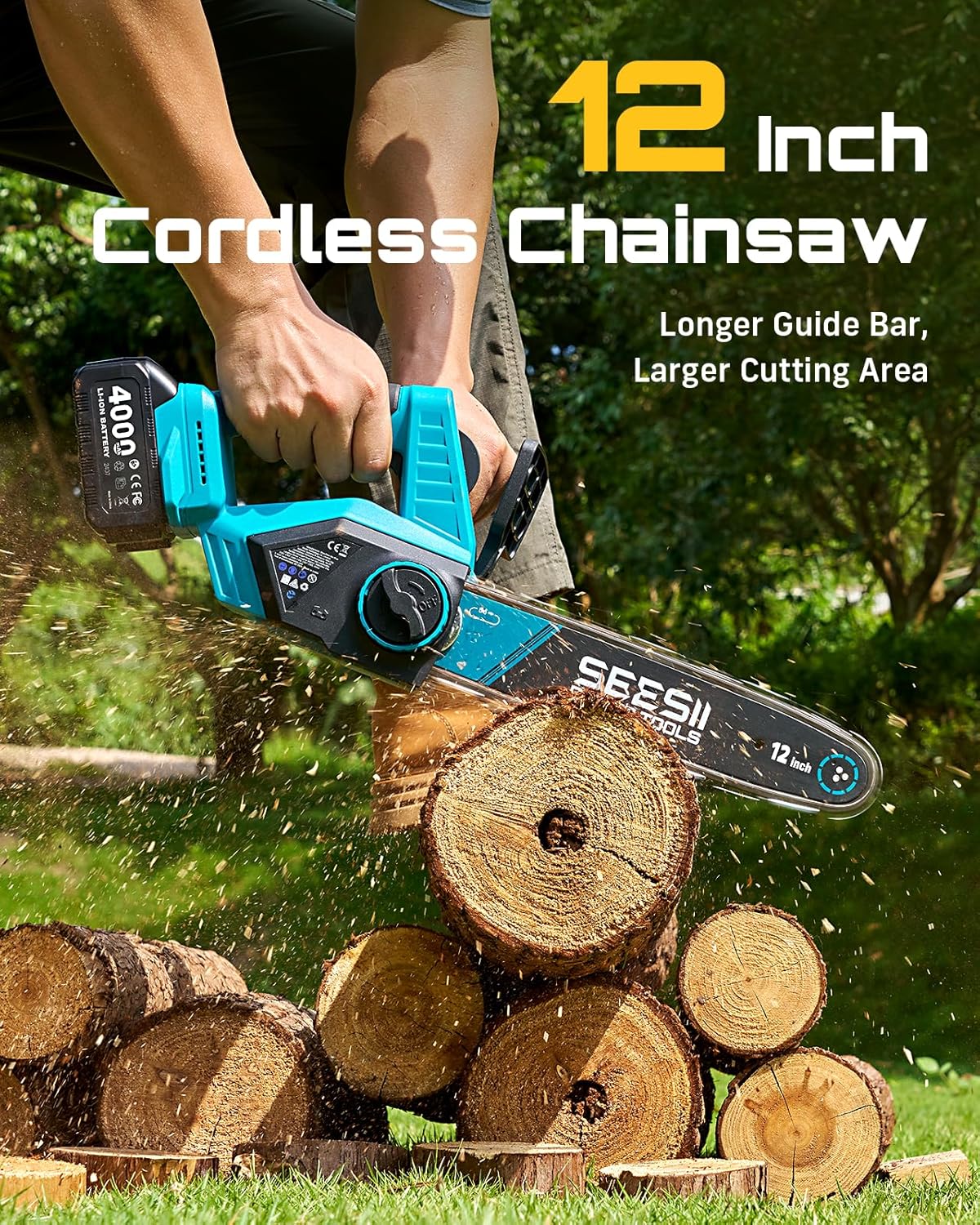 12-Inch Electric Chainsaw Cordless, Brushless Motor | 2 x 4.0Ah Battery, Auto Oiling, Tree Saw with Tool-free Chain