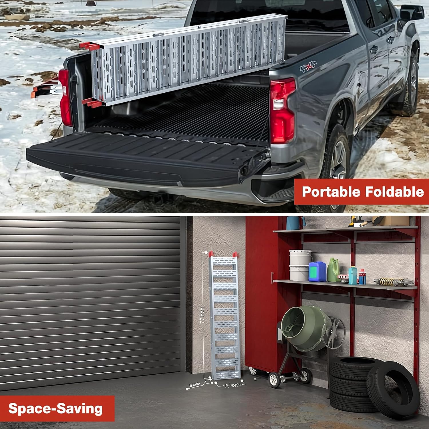 Aluminum Tri-Folding Truck Ramps 1600Lbs Max, Loading Ramps for Pickup Trucks Bed, Trailers Ramp with Load Straps for