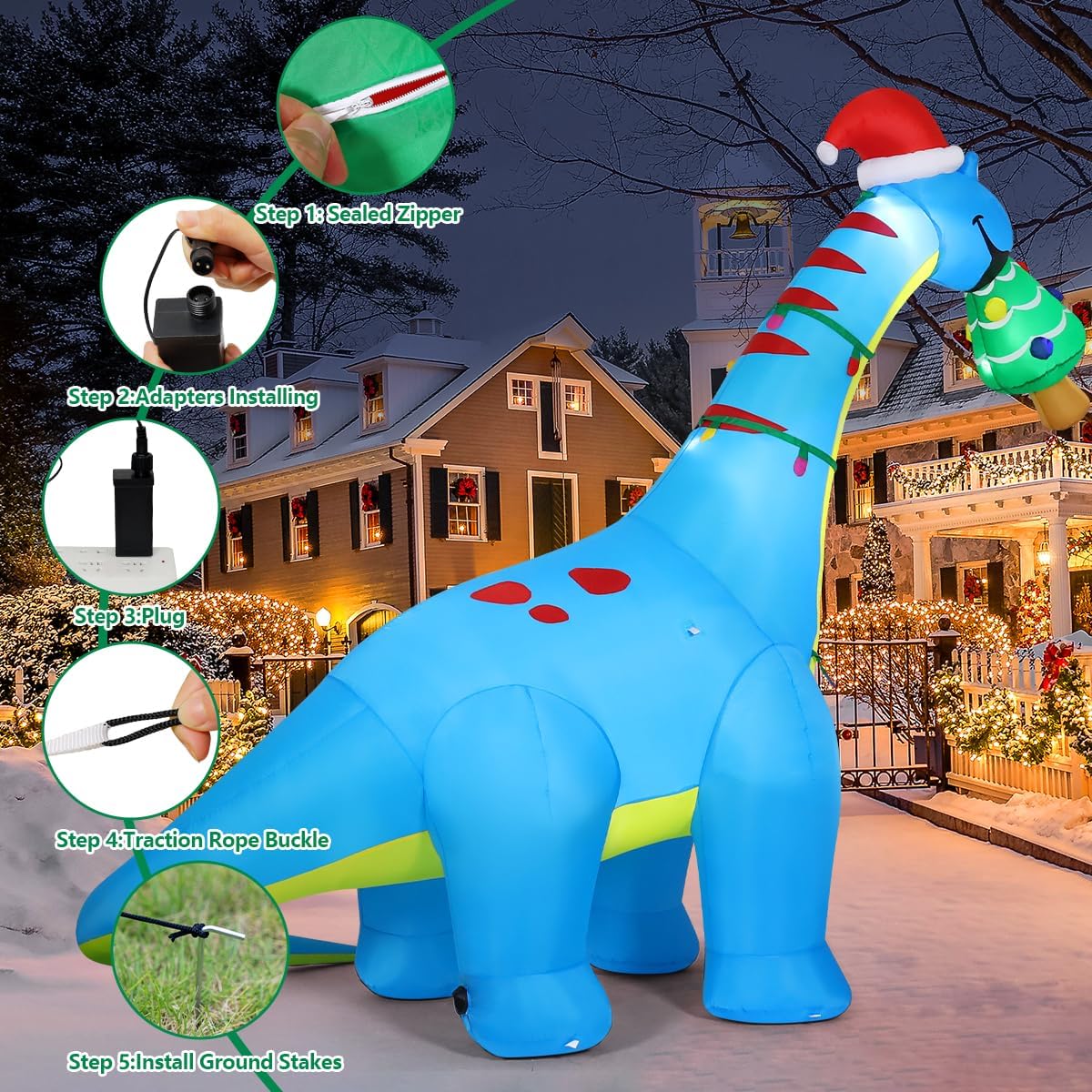 10FT Christmas Inflatables Dinosaur with Christmas Tree Yard Decor | Built-in LEDs and dinosaur with Christmas tree