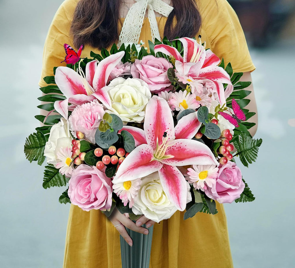 Artificial Cemetery Flowers,Memorial Flowers,Beautiful Arrangements for Headstones,Silk Lily Rose Berries Daisy