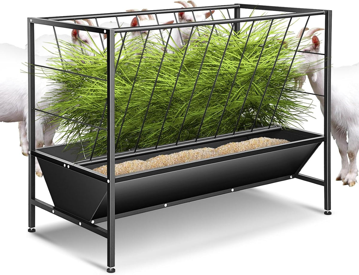 2 in 1 Pasture Hay Feeder 45 Gallon Livestock Feed Trough with 24 Gallon Feed Pan, Hay Grain Livestock Feeder for