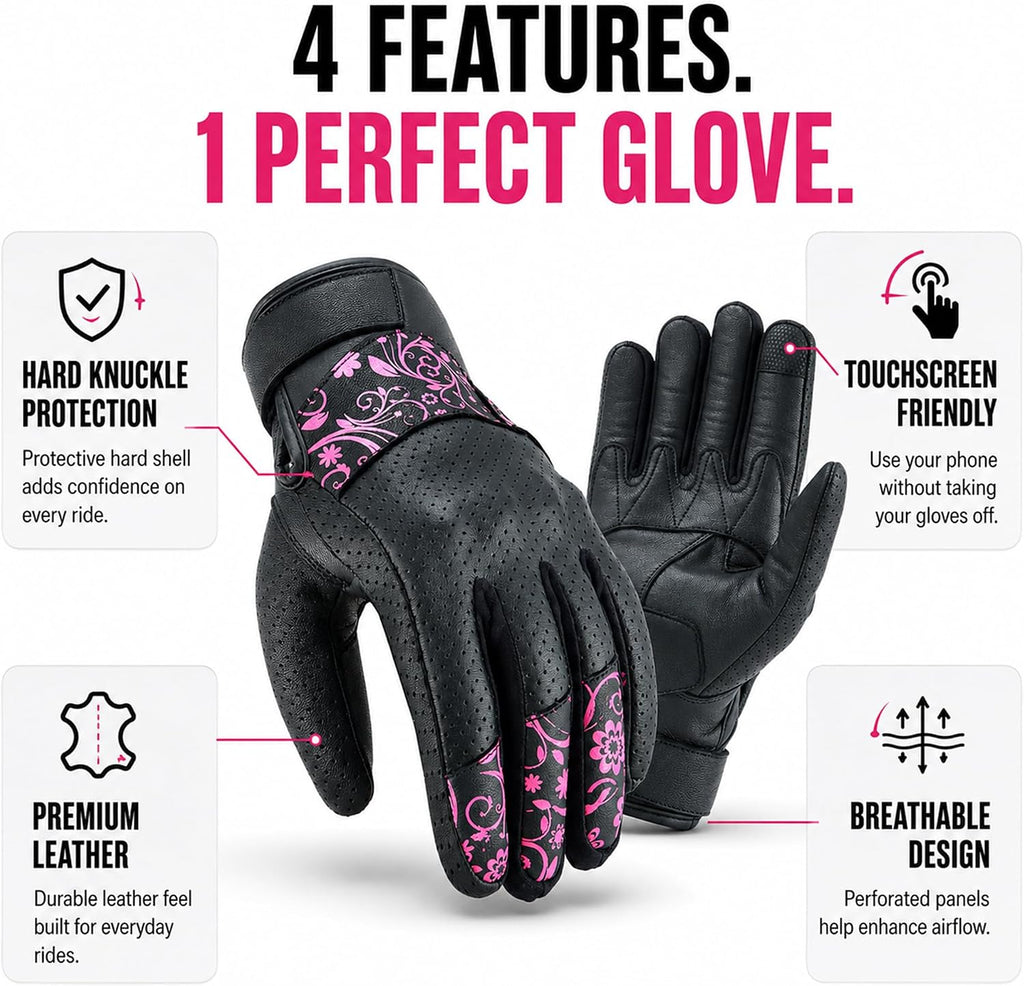 Motorcycle Gloves for Women, Leather Touchscreen Riding Gloves with Hard Knuckle Protection, Perforated Breathable