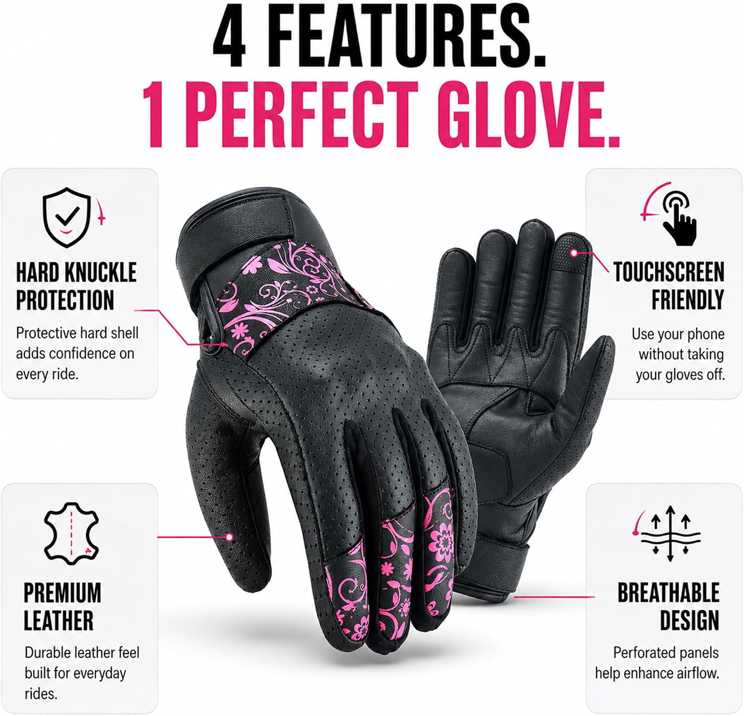 Motorcycle Gloves for Women, Leather Touchscreen Riding Gloves with Hard Knuckle Protection, Perforated Breathable