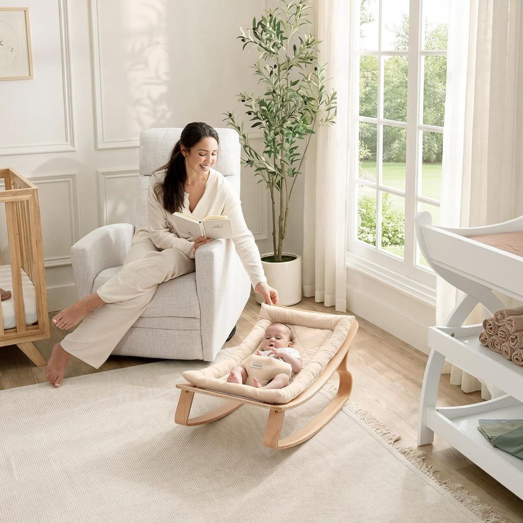 Baby Rocker for Ages 0-24 Months - Wooden Baby Recliner with Soft Removable Quilted Muslin Cotton Cushion - Designed