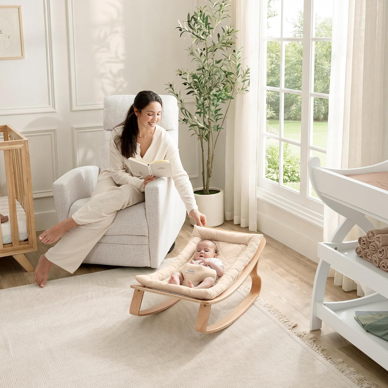 Baby Rocker for Ages 0-24 Months - Wooden Baby Recliner with Soft Removable Quilted Muslin Cotton Cushion - Designed