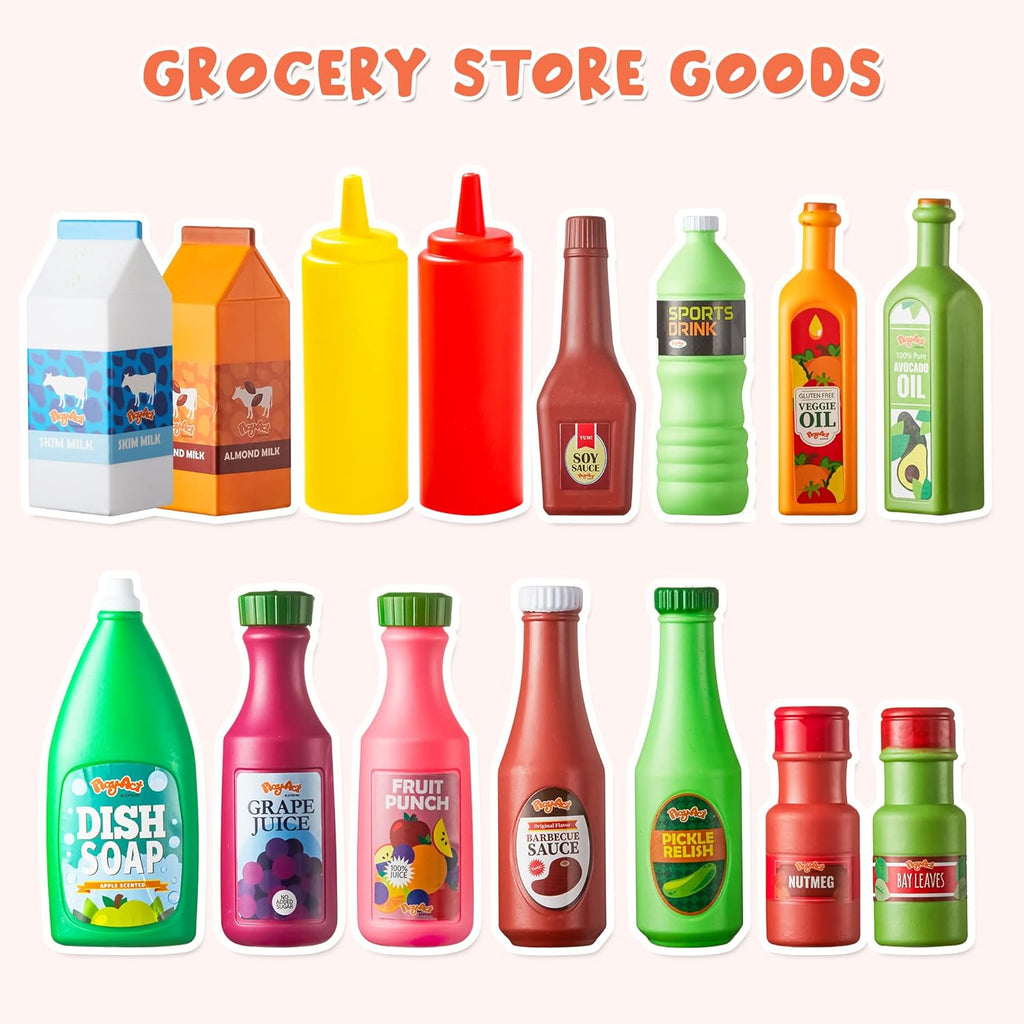 30Pcs Play Food Grocery Cans, Play Kitchen Accessories, Includes Drink, Juice, Jar, Seasoning, Water Bottle, Sauce