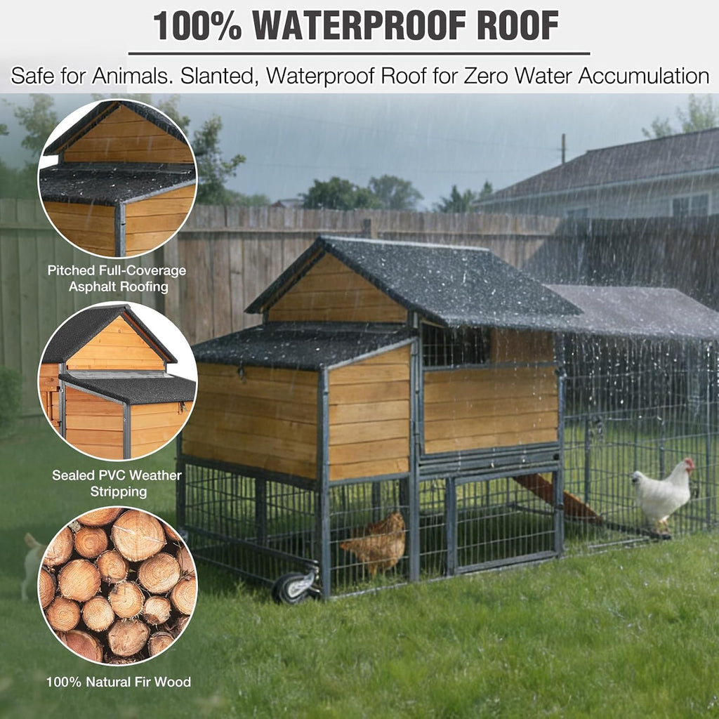 Extra Large Mobile Chicken Coop with Run, Portable Chicken Tractor with Wheels, Wooden Poultry Cage with All-Around