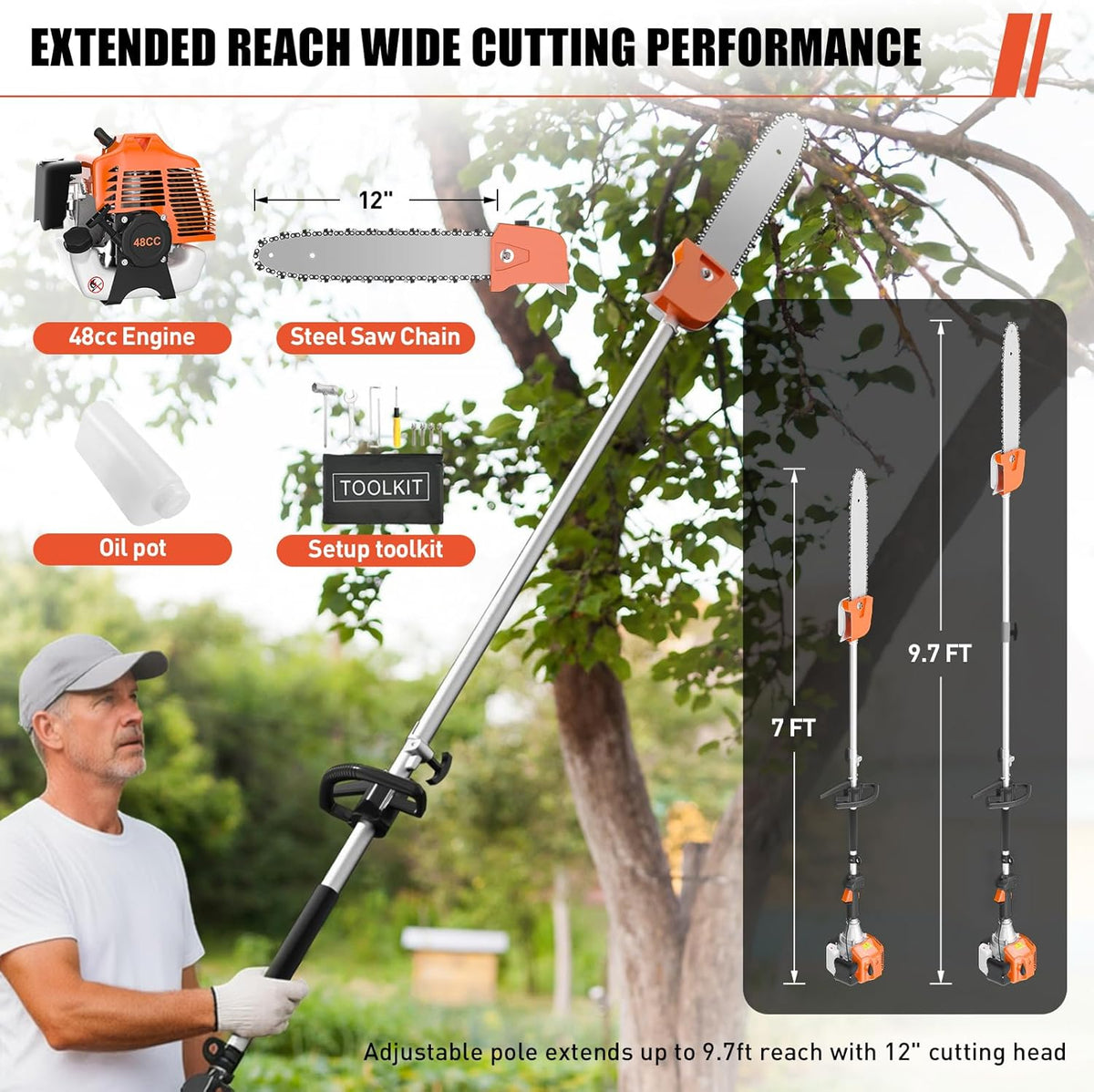48CC Gas Powered Pole Saws, 2 Stroke Gas Powered Pole Saws with 11.5 in Cutting Bar, 16-FT Height Cordless Extendable