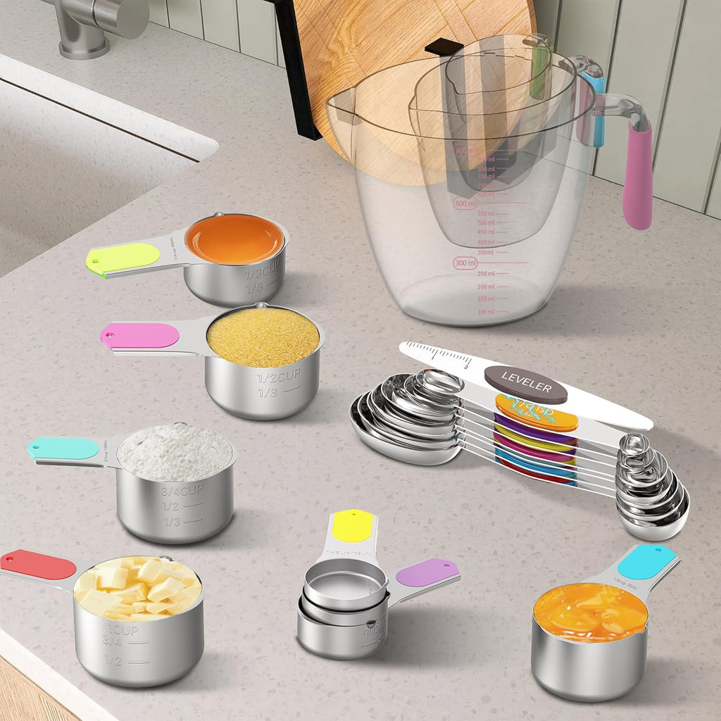 Magnetic Measuring Cups and Spoons Set, 5 Stainless Steel Measuring Cups for Dry and Liquid Ingredients, 7 Magnetic