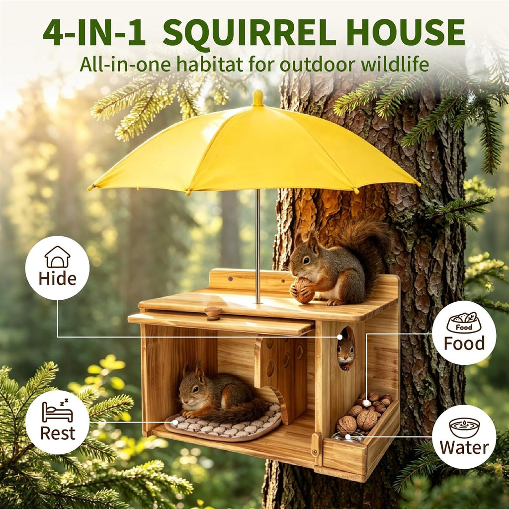 Durable Squirrel House with Feeder & Umbrella & Small Cup & Mat