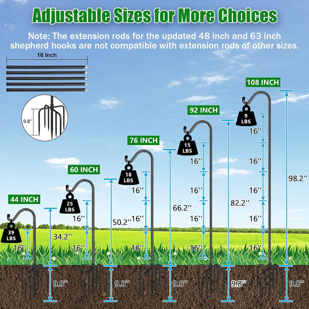 Adjustable Shepherd Hook Bird Feeder Pole with 7 Prongs Base, 108 Inch Tall 5/8 Inch Thick, Heavy Duty Outdoor Garden