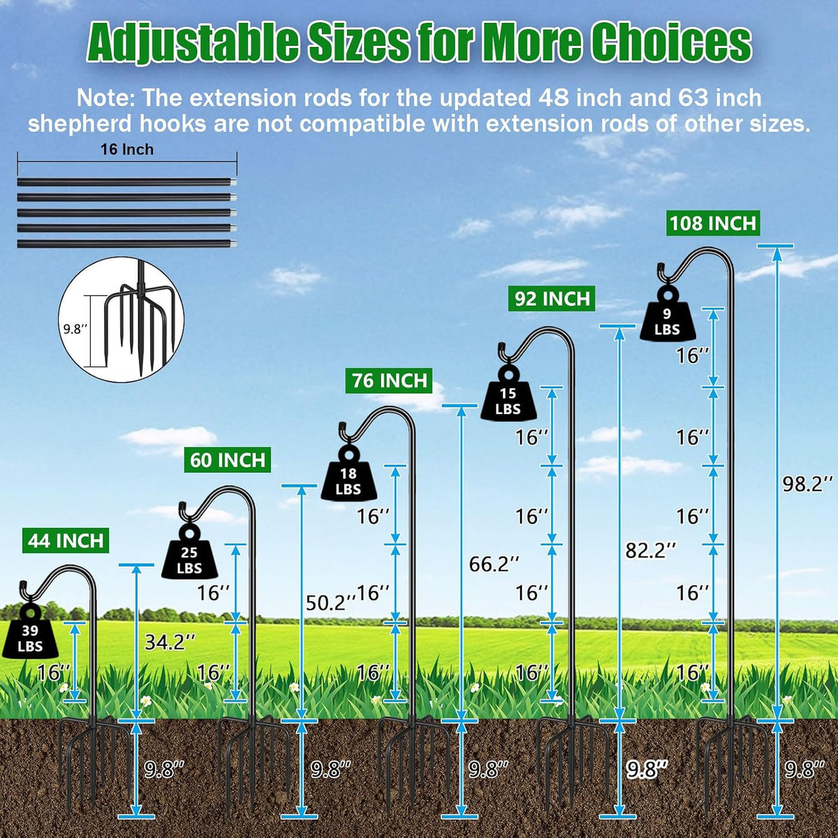 Adjustable Shepherd Hook Bird Feeder Pole with 7 Prongs Base, 108 Inch Tall 5/8 Inch Thick, Heavy Duty Outdoor Garden