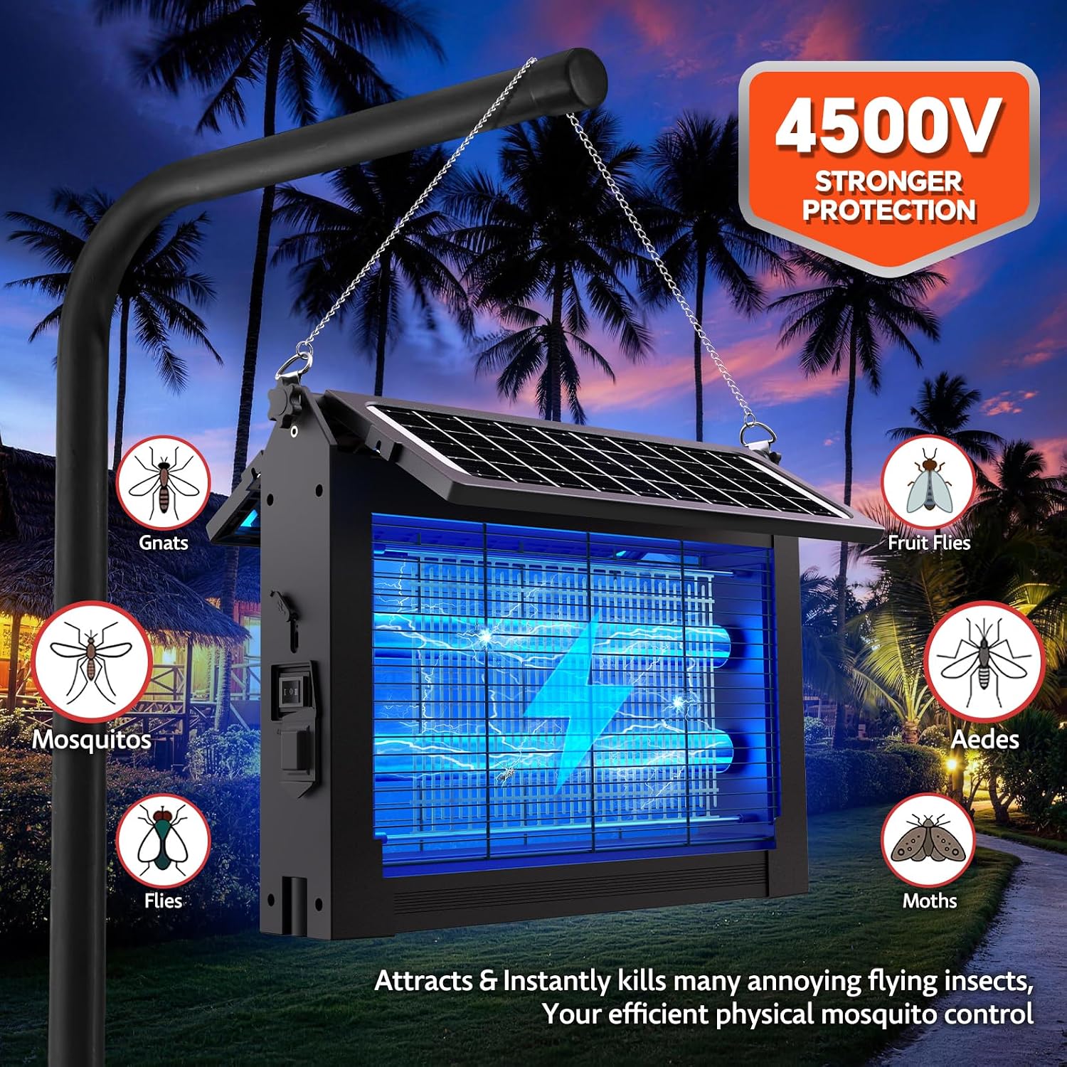 Solar Bug Zapper Dual Solar Panels, 4500V Mosquito Zapper Fly Traps Outdoor | Waterproof, Auto Mode, Portable &