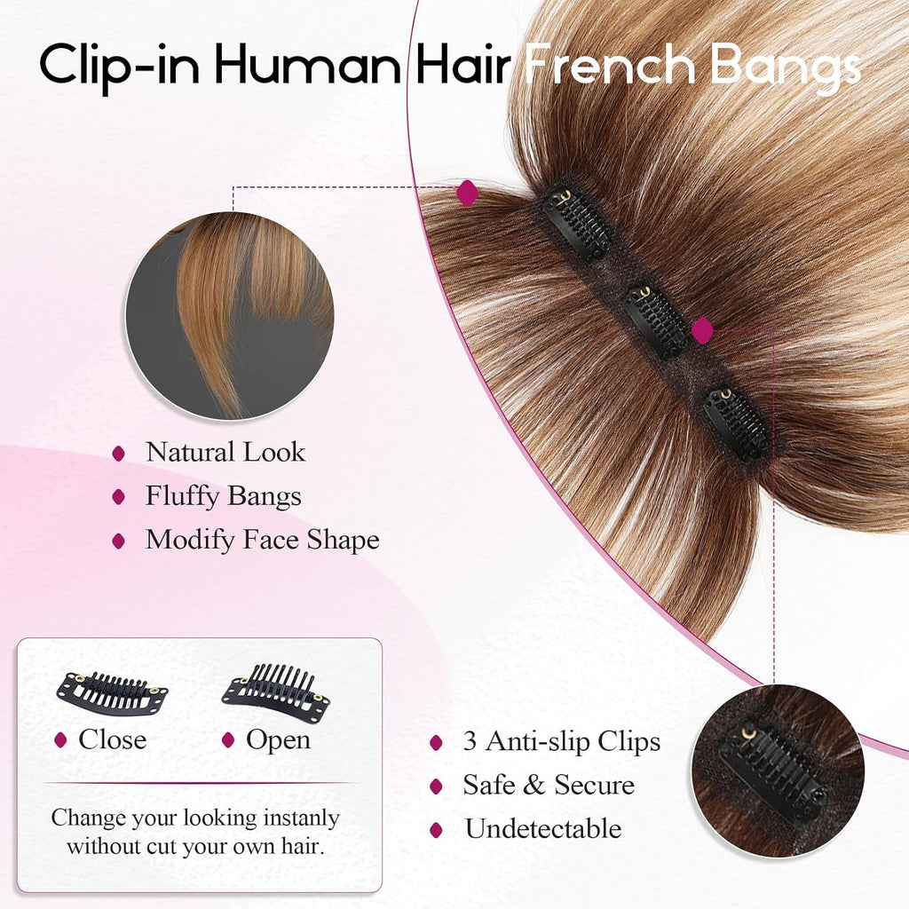 Clip in Bangs, 100% Human Hair Bangs with 3 Non-slip Clips, 360°Cover Top HairPieces with 5 inch Wispy Fringes for