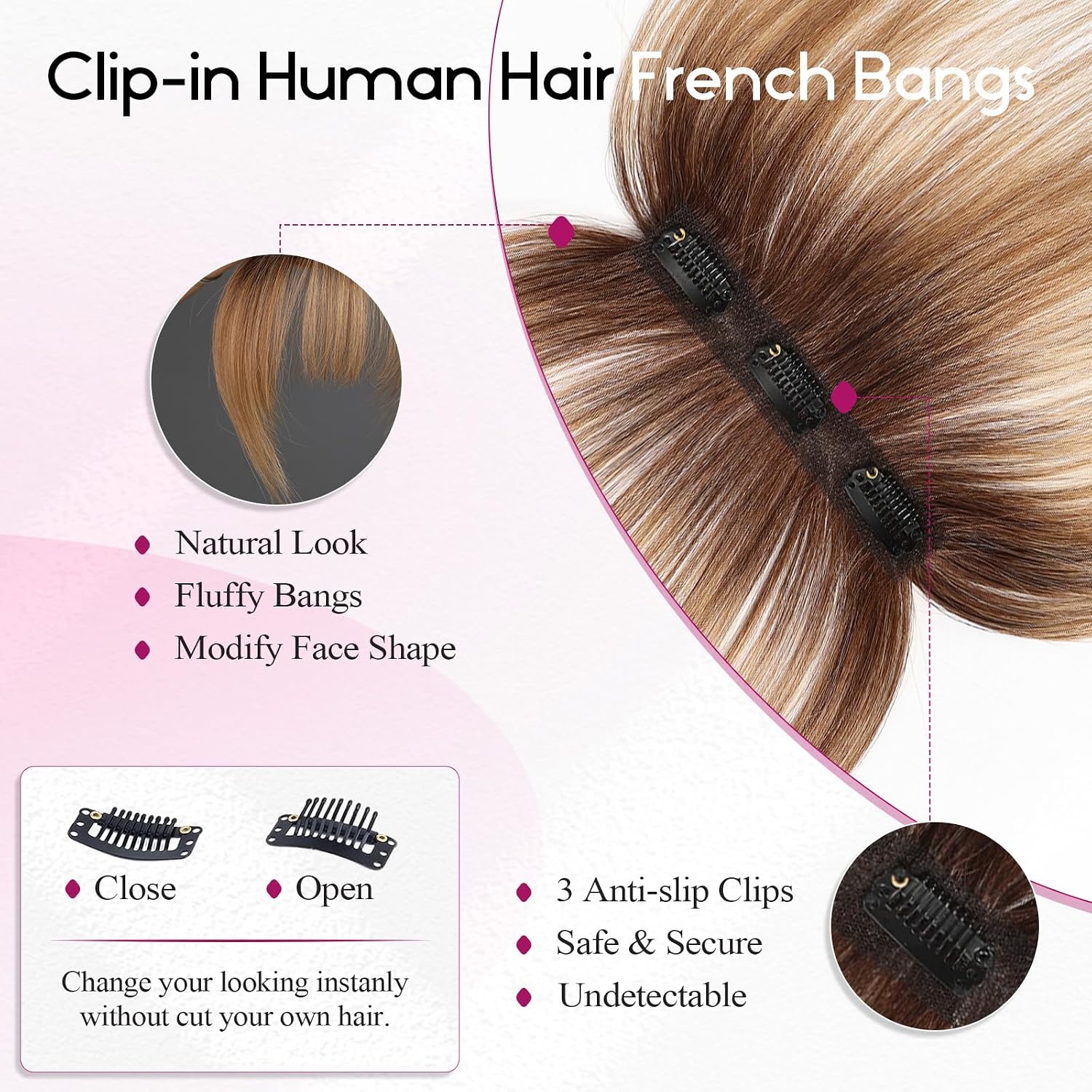 Clip in Bangs, 100% Human Hair Bangs with 3 Non-slip Clips, 360°Cover Top HairPieces with 5 inch Wispy Fringes for