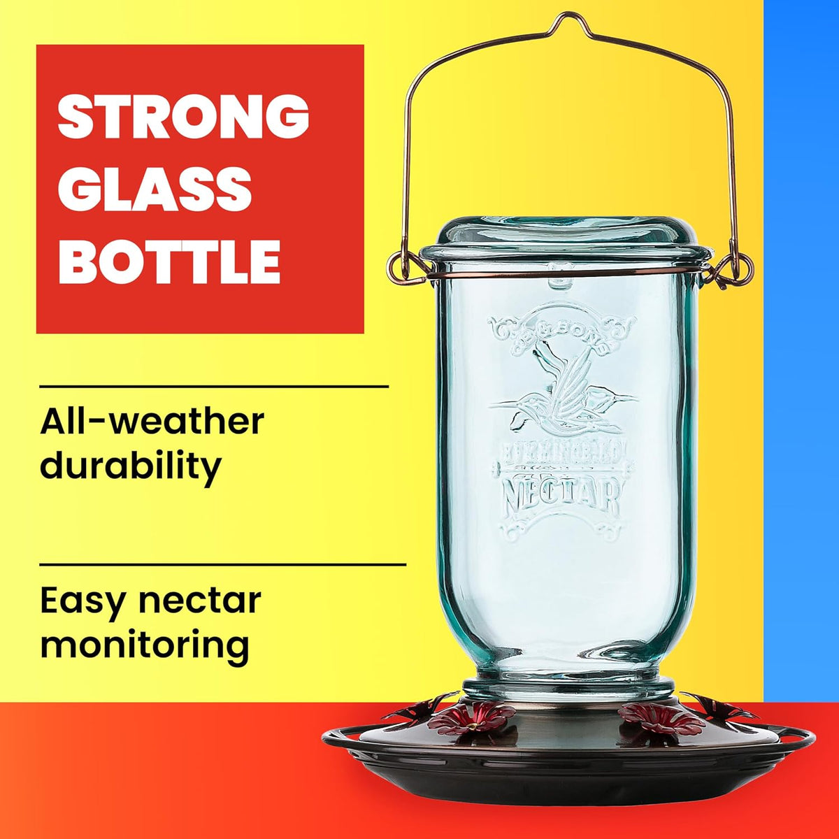 Mason Jar Hummingbird Feeder, Glass Hummingbird Feeders for Outdoors, 5 Feeding Stations, 25 Ounces