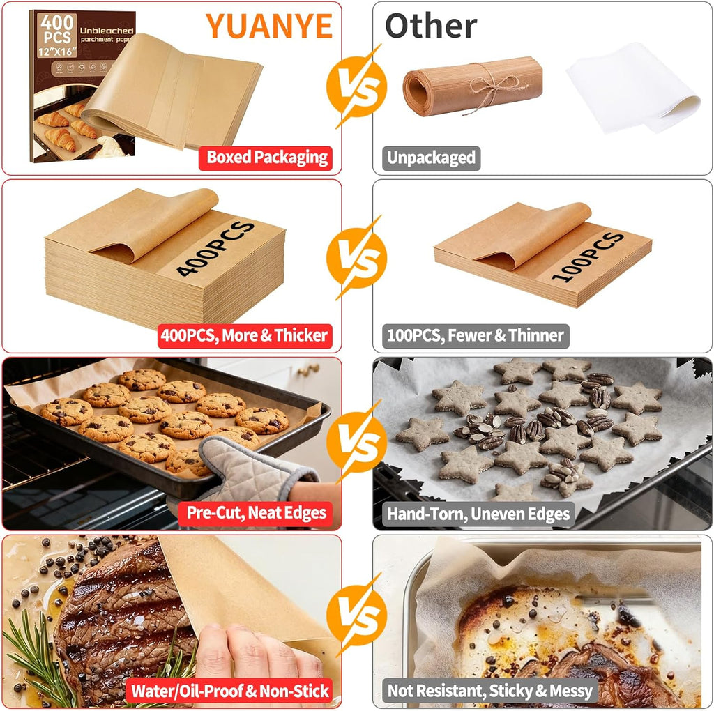 400PCS Parchment Paper Baking Sheets, 12"x16" Unbleached Precut Half Parchment Paper for Baking, Non-Stick Baking