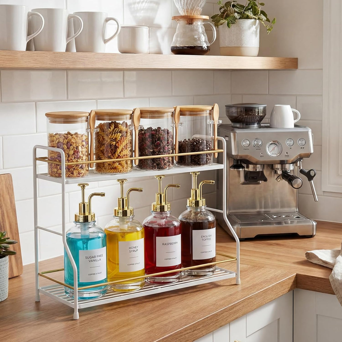 8 Pcs Syrup Dispenser and Glass Jar, Gold Pump Bamboo Lid