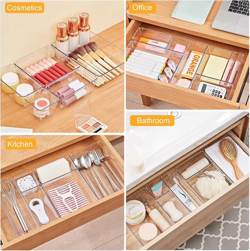 13-Piece Drawer Organizers with Non-Slip Silicone Pads, 5-Size Desk Bathroom Drawer Organizer Trays Storage Tray for