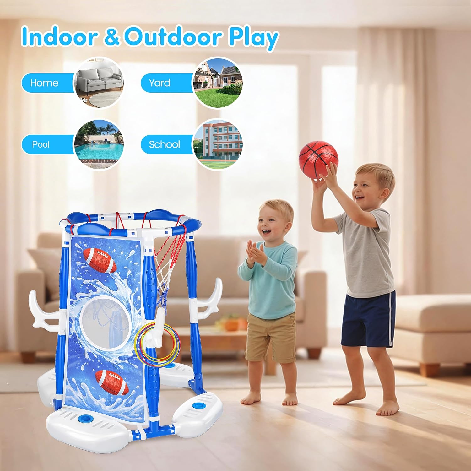 Pool Basketball Hoop, 3-in-1 Floating Poolside Basketball Ring Game Football for Kids Ages 3-12, Outdoor Summer