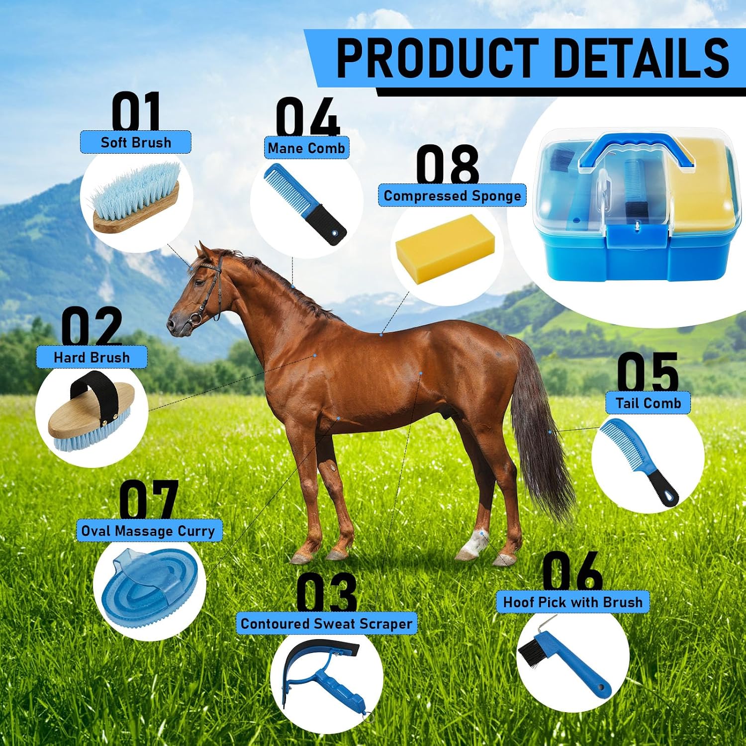 9 Pieces Horse Grooming Kit with Organizer – Curry Comb, Hard & Soft Brushes, Hoof Pick, Sweat Scraper, Sponge –