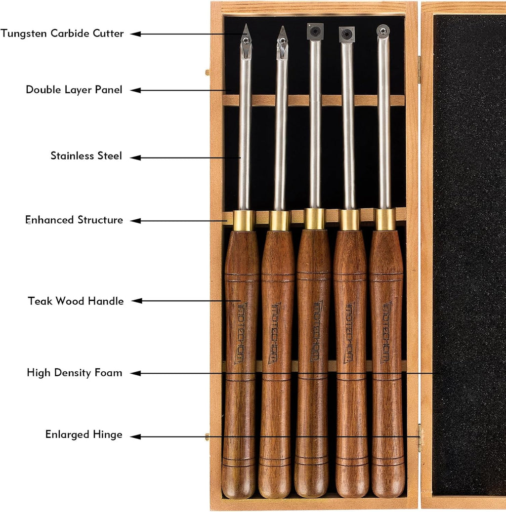 5-Piece Carbide Tipped Wood Turning Lathe Chisel Tools Set | Stainless steel bars with replaceable carbide tipped
