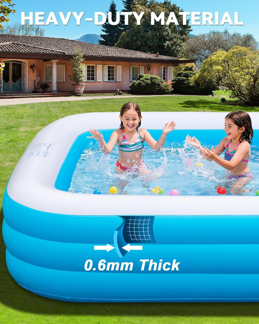 Large Inflatable Pool for Adults,130" x 72" x 22" Thickened Blow Up Pool with Lights & Pump, 7 Color Changed Durable