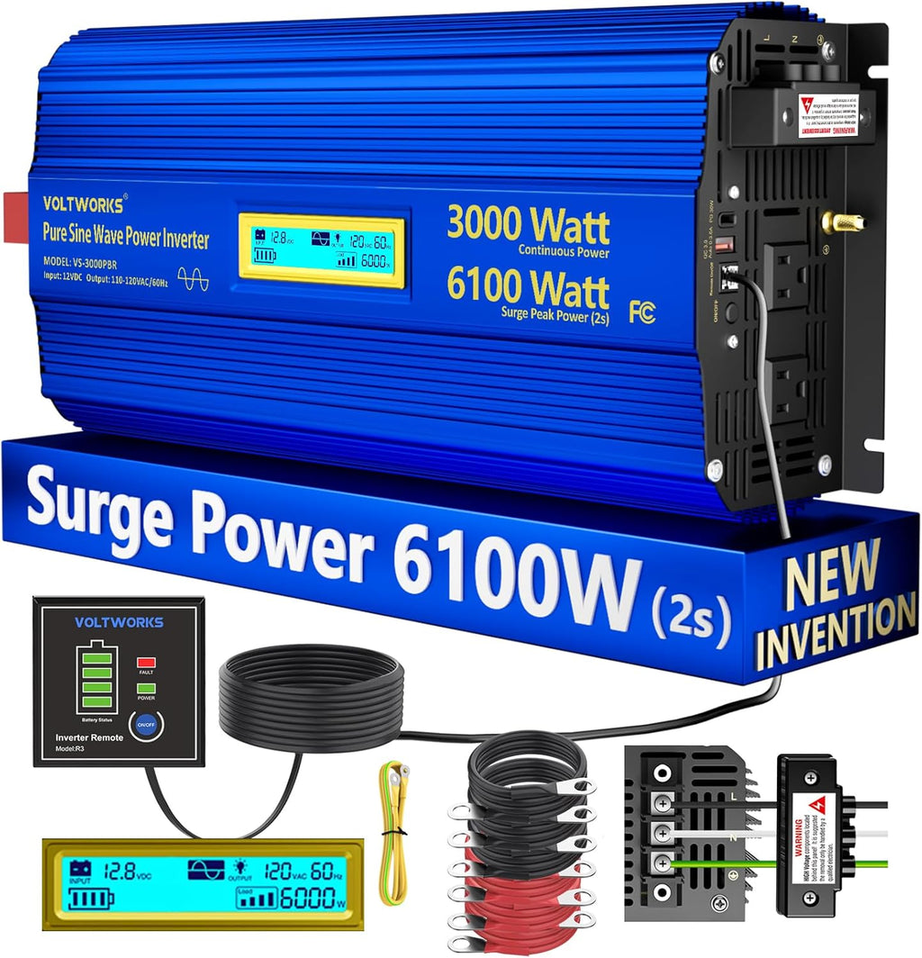 3000 Watt Pure Sine Wave Power Inverter 3000W 12V to 110V 120V AC, 6100W Surge Peak Power for 2 Seconds, UL Fuses