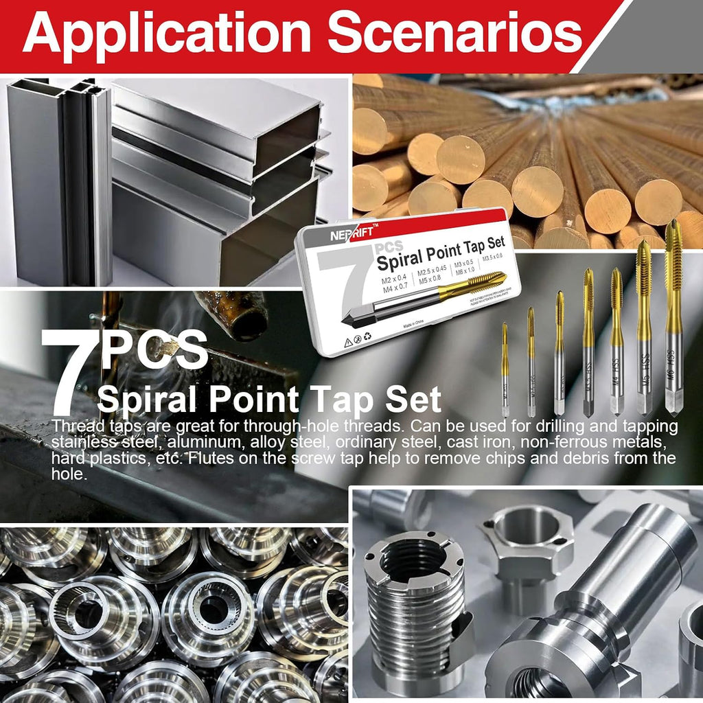 7Pcs Metric Thread Tap Set, Titanium Coated HSS 6542 Thread Milling Taps