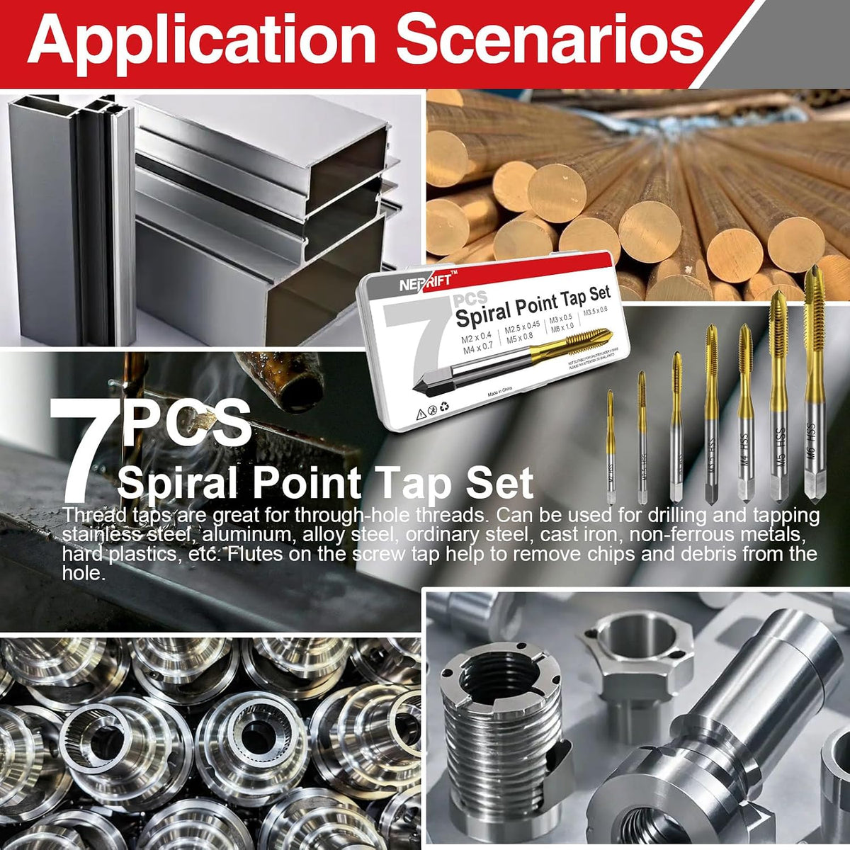 7Pcs Metric Thread Tap Set, Titanium Coated HSS 6542 Thread Milling Taps