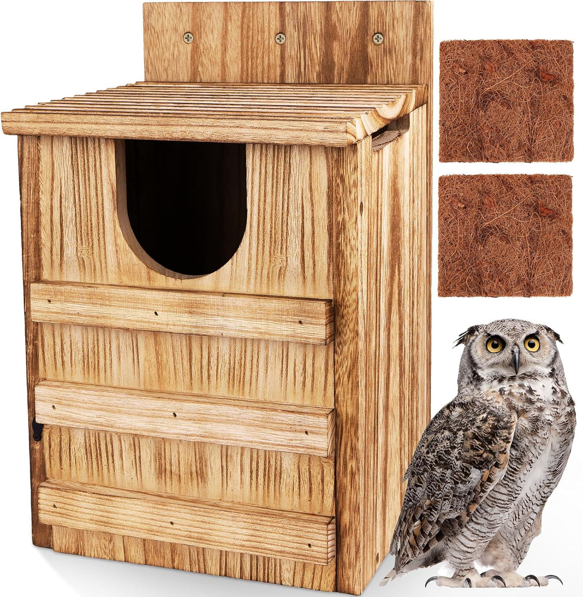 Owl House, Large Wooden Owl Nesting Box for Outside (8.7" x 7.5" x 14.2"), 3.3" Predator-Deterrent Entrance, Side