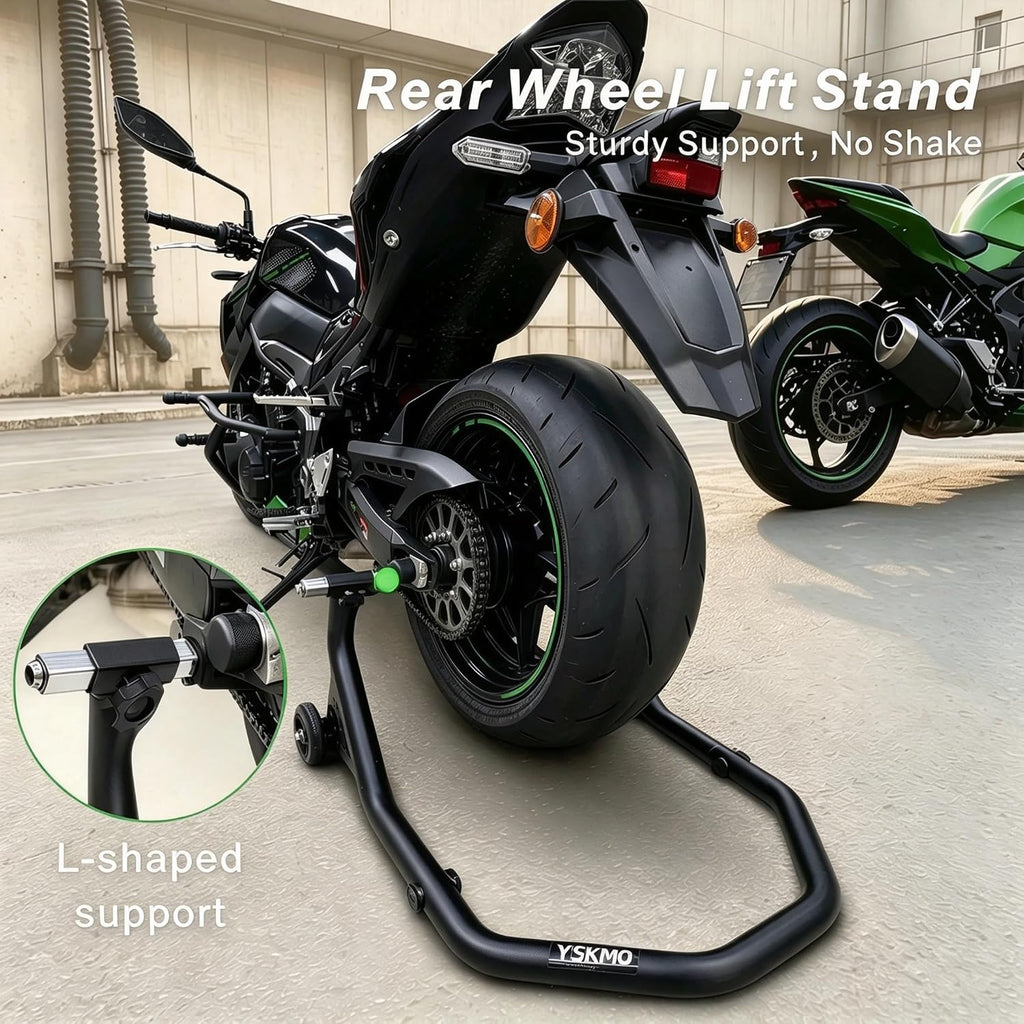 Motorcycle Rear Wheel Paddock Lift Stand, Matte Black, 500 LBS Capacity, U And L Shaped Support Adapters, 1.5 Inch
