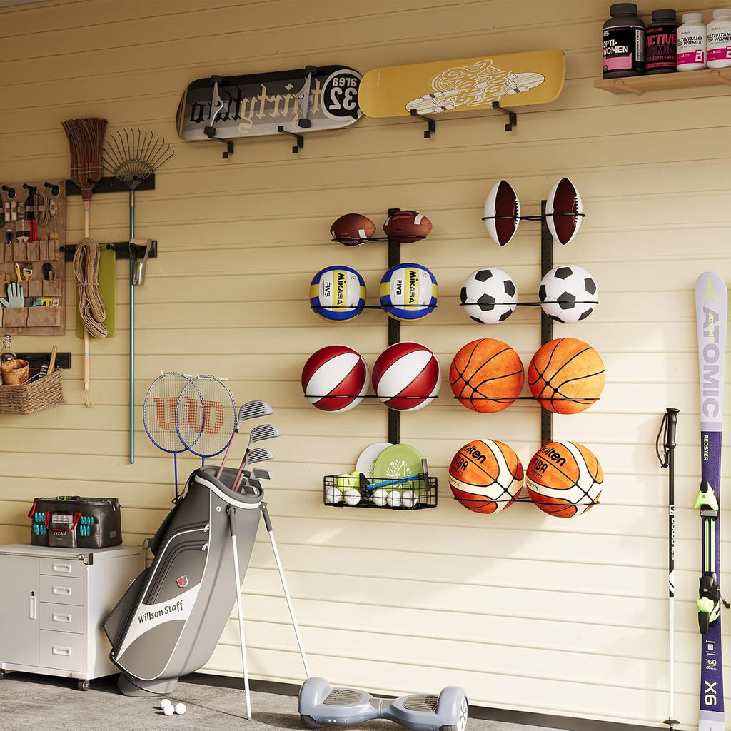 8 Tier Detachable Wall Mounted Basketball Rack, Vertical/Horizontal Football Holder, Holds 14 Balls DIY 1/2/3/4