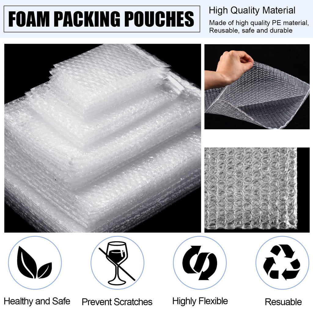 100 Pcs 5 Sizes Clear Bubble Bags Self Adhesive Bubble Cushioned Pouches Double Walled Shockproof Clear Cushioning