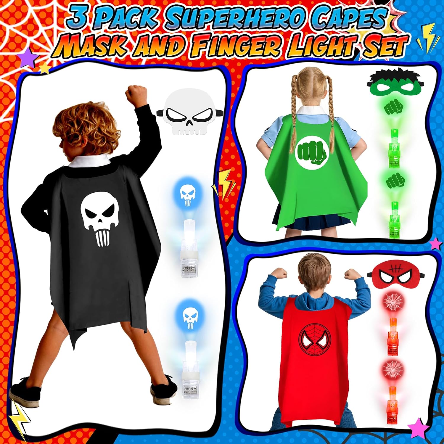 Glow in the Dark Superhero Capes, Halloween Costumes for Kids 3-12 | Finger Lights and Masks for Christmas, Birthday