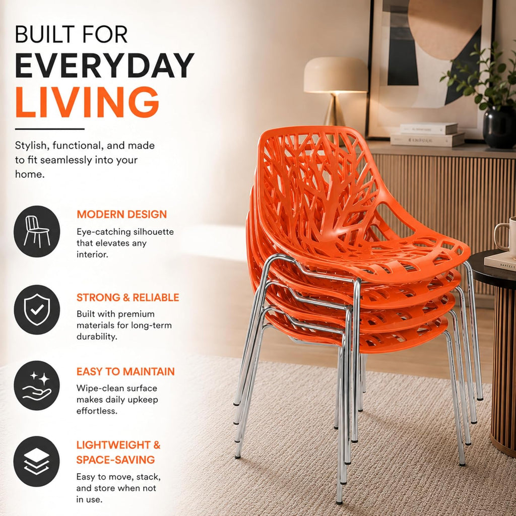 Asbury Modern Dining Chair Orange Color, Polypropylene Seat with Chrome Legs, Comfortable Solid Back Kitchen and