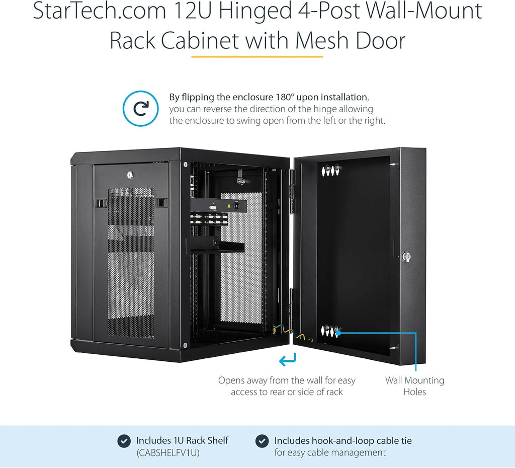 StarTech 12U Wall-Mount Cabinet, 19in, 4-Post, 16in Deep, 198lb (RK12WALHM)