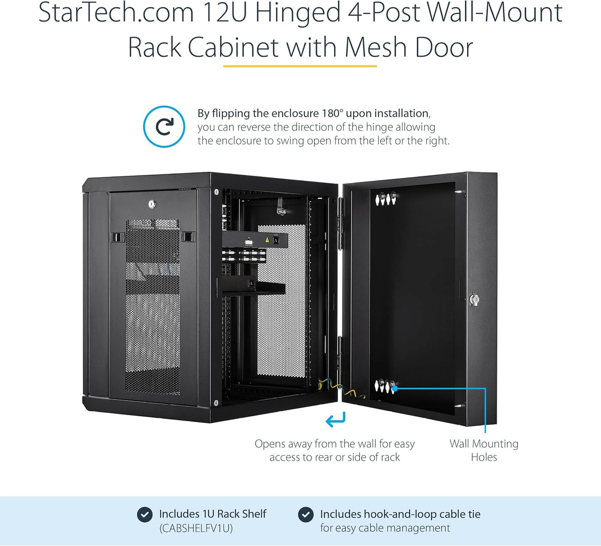 StarTech 12U Wall-Mount Cabinet, 19in, 4-Post, 16in Deep, 198lb (RK12WALHM)