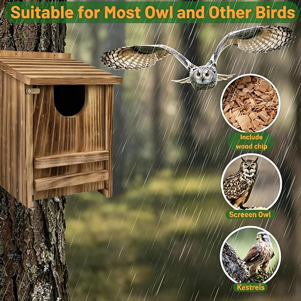 Carbonized Pine Owl Box, Screech Owl Nesting Box 14"x9"x9"