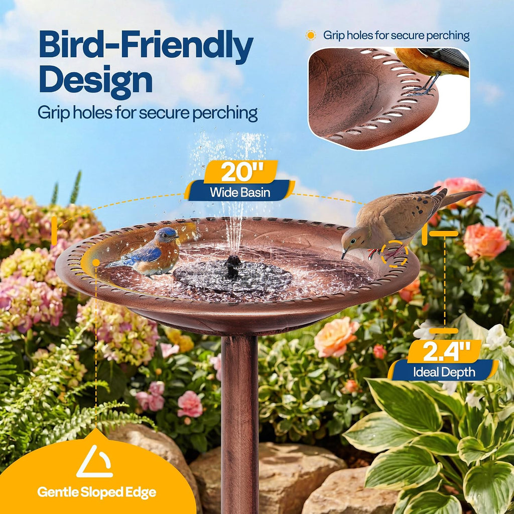 Bird Bath with Solar Fountain for Outside, Pedestal, Bronze