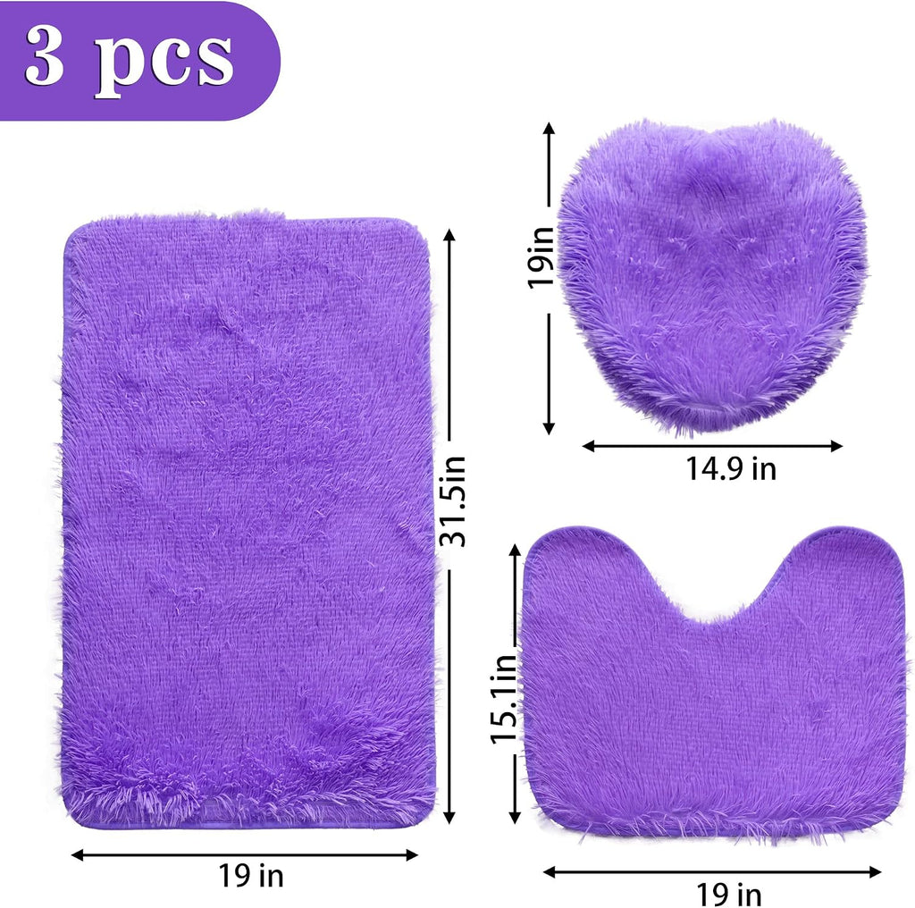Purple Bathroom Rugs Sets 3Piece Bath Mat Solid Bath Rug Floor Mats Washable Shower Rug with U-Shaped Contour Rug